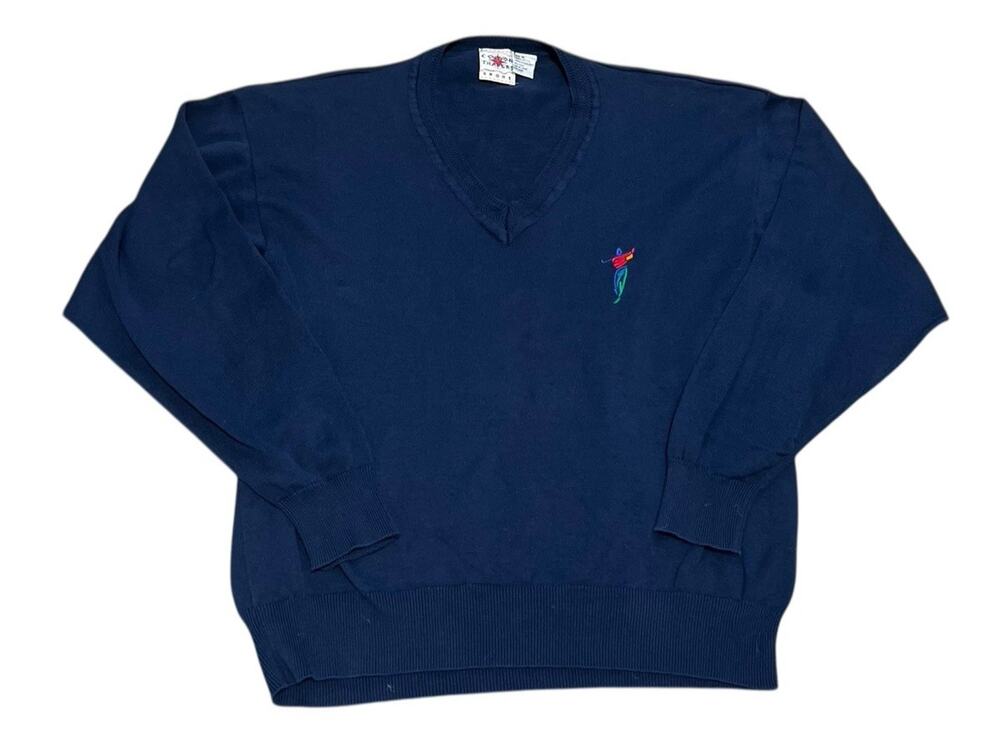 Vintage COTTON TRADERS SPORT Navy Blue Embroidered Golf Logo V-Neck Sweater XL